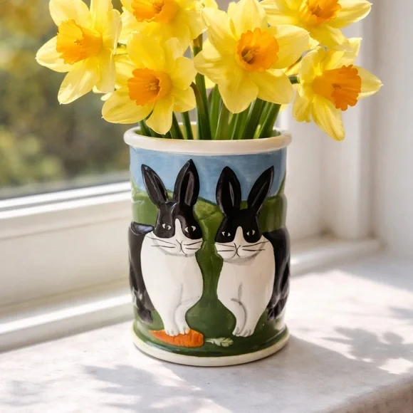Vintage Black and White Bunny Planter Vase Easter Rabbit Cottage Decor - Picture 3 of 9